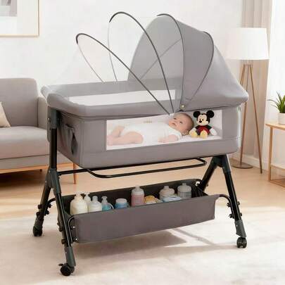 3-In-1 Crib Side Bassinet, Bedside Crib, Baby Bassinet With Storage Basket And Mosquito Net, Easy To Fold Bedside Adjustable Height Portable Crib For Infant/Baby/Newborn, Good Thing For Child Growth, Baby Need,Baby Stuff, Essential For New Mothers,Newborn Gift