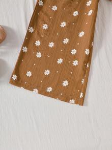 Tween Girls White Daisy Sleeveless Ruffle Top + Bow Back Wide Leg Pants 2 Pieces Set, Spring/Summer - Brown - View 6