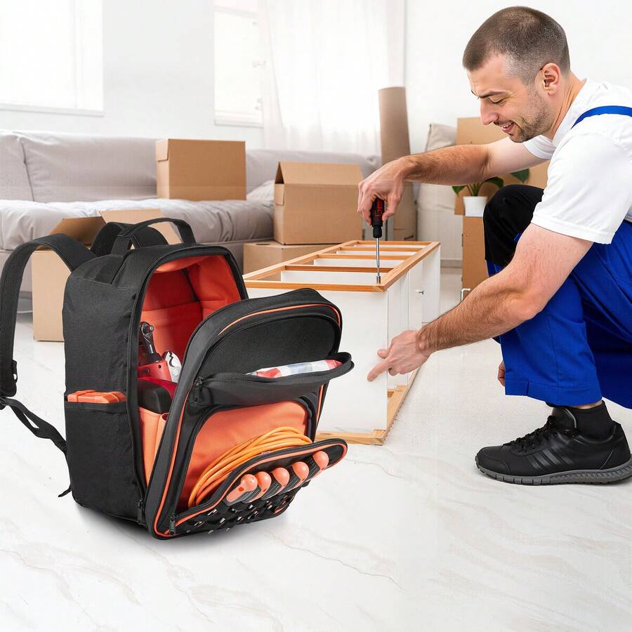 Mochila para Herramientas, Mochila de Trabajo 280 x 230 x 405 mm con 49 Bolsillos, Compartimento para Portátil y Base de Tela Reforzada, Organizador de Herramientas para Electricistas - 280 x 230 x 405 mm - Ver 1