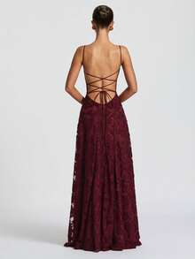 Women's Floral Embroidery Ruched Elegant Waist Formal Party Evening Gown Dress - Burgundy - View 6
