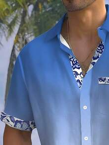 Hawaiian Floral Partial Print Button Pocket Short Sleeve Shirt For Men - Blue - View 3