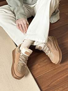 Thick Sole Hiking Boots, Faux Fur Collar, Lace-Up Side Zipper, New Snow Boots, Lace-Up Thermal Lined Winter Shoes - Khaki - View 8