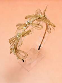 Girls' Mesh Fabric Bow Rhinestone Pearl Headband, Suitable For All Seasons - Khaki - View 5