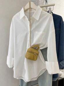 Women's Solid Color Loose Turndown Collar Button-Up Shirt, All Season - White - View 6