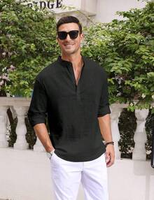 Men's Cotton Linen Long-Sleeved Shirt - 黑色 - 查看 4