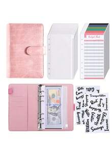 1pc A6 Binder With 10pcs Zippered Envelope - Colorful Cash Organizer, Budget Loose Leaf Cash Envelopes With Rose Gold Pre-Printed Label Stickers, Crocodile Textured Cover With Multiple Pockets For Travel, School, Office, Home, Portable Use - Pink - View 11