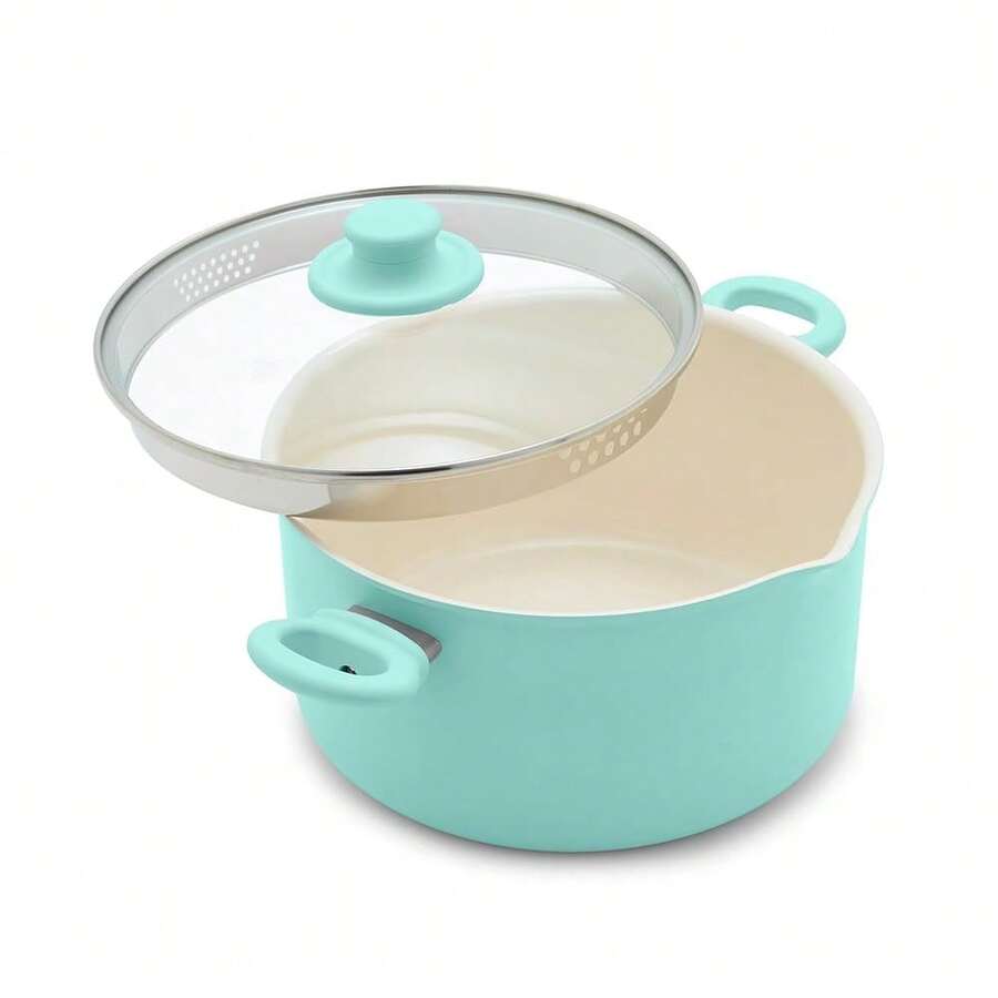 6QT Nonstick Stockpot With Straining Lid, Soft Grip, Ceramic, Pour Spout, Multipurpose CooFKing Pot, Sauces & Soups, Milk Pan, Stay-Cool Handles, Dishwasher & Oven, Turquoise - Turquoise - 查看 1