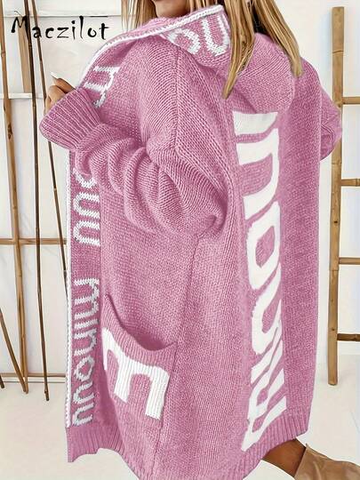 Plus Size Women's Letter Pattern Casual Minimalist Everyday Soft Knit Warm Long Sleeve Hooded Cardigan