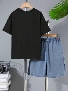 Boys' Casual Lightweight Denim Patchwork Pocket Solid Color T-Shirt And Denim Cargo Pocket Shorts Set, Spring/Summer - Black - View 2