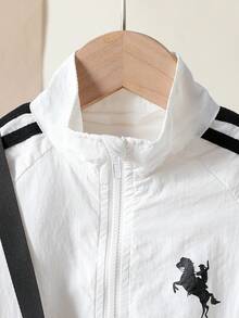 2pcs Boys' Fashionable Casual Striped Collar Jacket And Shorts Set - White - View 3