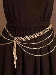 1 cadena corporal sexy de fiesta dorada exagerada, cadena de cintura con borlas de perlas sintéticas multicapa para mujer, regalo para novia/hermana, ideal para cumpleaños, vacaciones y fiestas. - Dorado - Ver 7