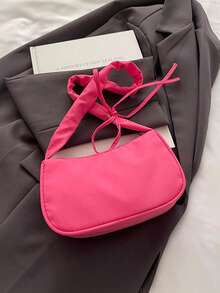 1pc White Canvas + Pink Bow Embroidery Pleated Strap Underarm Bag, Zipper Closure, Sweet Style, Suitable For Women, All Seasons - Multicolor - View 4