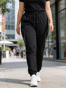 Pantalones deportivos con cordón para mujer de talla grande, pantalones jogger casuales de verano de seda de hielo transpirable y cintura elástica, pantalones cómodos para ciclismo y pantalones de chándal para correr - Negro - Ver 3