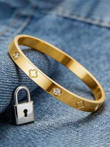 1pc Fashionable Stainless Steel Rhinestone Inlaid Bracelet For Women, Suitable For Daily Wear - Yellow Gold - View 3