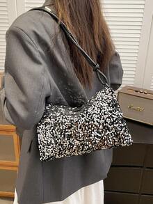 Fashionable Chic Versatile Sequin Underarm Tote Bag, New Luxury High-End Niche Design Large Capacity Shoulder Bag - Silver - View 2