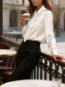 Áo sơ mi nữ thanh lịch ôm dáng, cổ buộc dây - Chất liệu satin chống nhăn, không xuyên thấu, áo công sở tay dài, dễ bảo quản (có thể giặt máy) - Thích hợp cho công việc, tiệc tùng, sự kiện xã hội, thiết kế cổ buộc dây, chất liệu mềm mại như lụa, trang phục nữ thanh lịch thường ngày cho mùa xuân, hè, thu. Màu trắng. - trắng - Xem 3