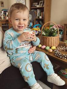 Kids Toddler Baby Boy Girl Easter Girls Outfits He Is Risen Baby Christening Spring Fall Winter Clothes Letter Sheep Cross Rabbit Embroidery Long Sleeve Sweatshirt Tops Long Pants Set - 藍色 - 查看 5