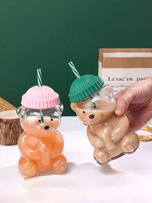 1个熊形玻璃吸管杯，带盖，透明，高档果汁/冷饮/咖啡杯，居家/办公情人节礼物 - 彩色 - 查看 5