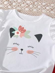 女童卡通印花短袖上衣和纽扣前开迷你裙休闲两件套 - 白色 - 查看 3