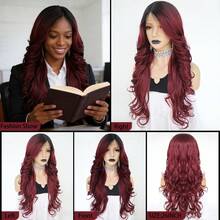 13*4*1 侧分长款波浪棕色酒红色铜红色合成蕾丝前假发，带婴儿绒毛，适合女性日常、派对、假日佩戴，耐热纤维，预先拔毛的自然发际线，蓬松自然，高密度，无需胶水 - 彩色 - 查看 6