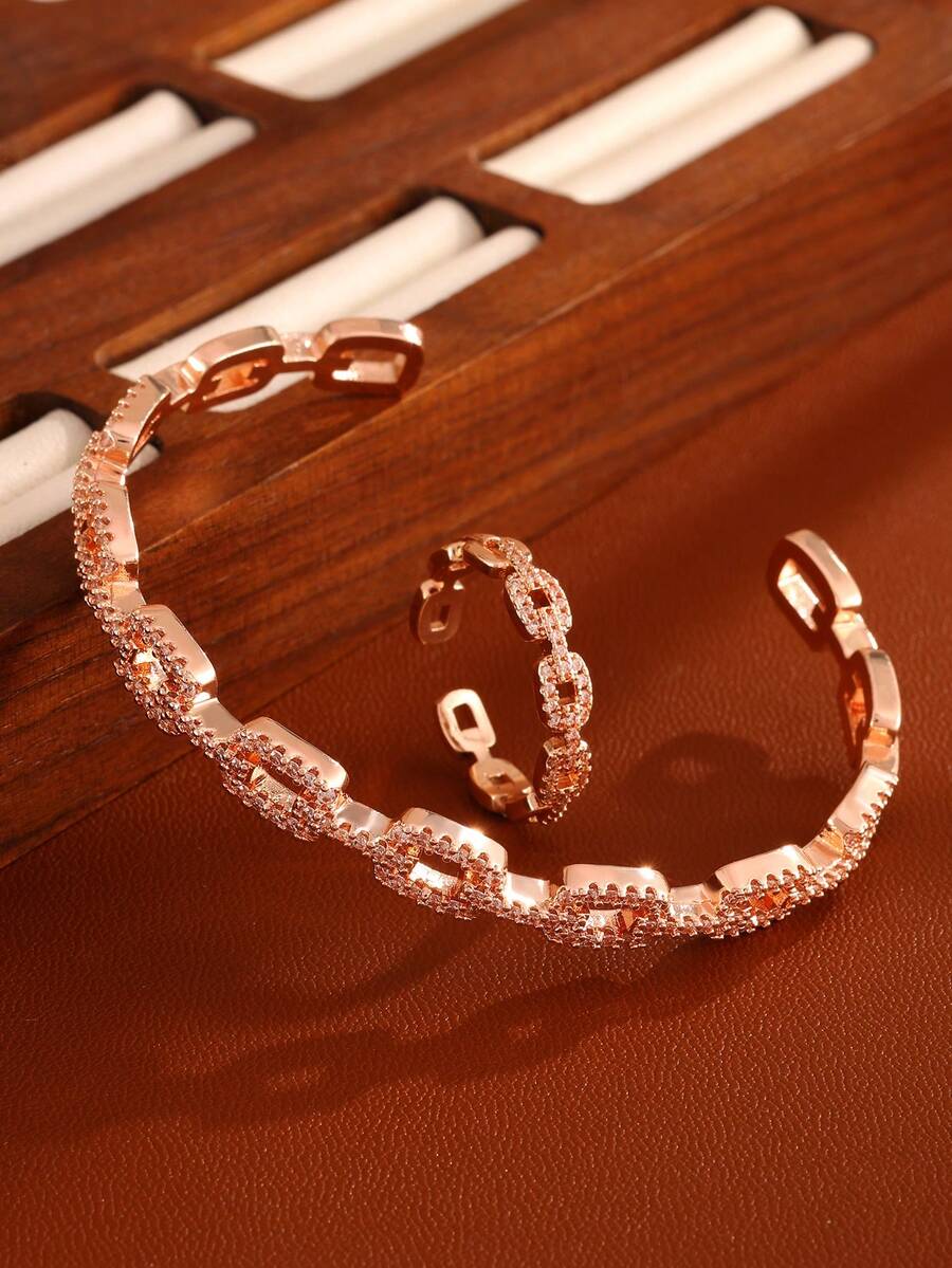 rakol 2pcs Fashionable Cubic Zirconia Asymmetrical Decor Ring & Bracelet Set - Rose Gold - View 1