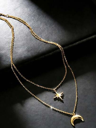 2pcs/Set Fashion Items, Gold Layered Moon & Star Pendant Necklace, Ramadan & Eid Festival Accessories, Minimalist Chic Y2K Aesthetics, Adjustable Layering, Suitable For Daily Wear, Eid Celebration And Gift
