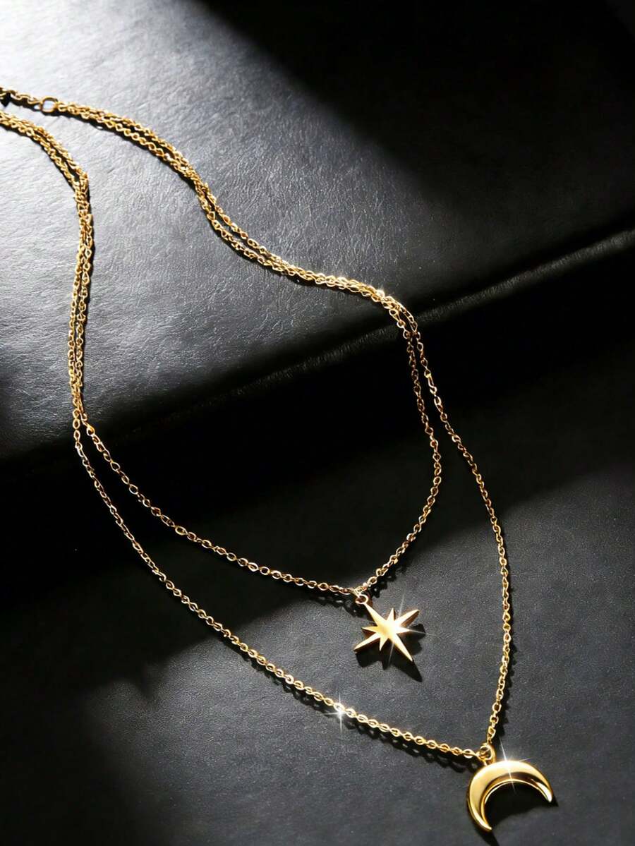 2pcs/Set Fashion Items, Gold Layered Moon & Star Pendant Necklace, Ramadan & Eid Festival Accessories, Minimalist Chic Y2K Aesthetics, Adjustable Layering, Suitable For Daily Wear, Eid Celebration And Gift