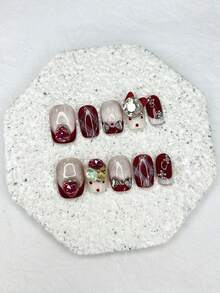 10 Pieces Sweet Cute Bow Diamonds Short Handmade Press On Nails Plaid Polka Dot Red French Nail Art Christmas Fake Nails New Year Gifts Nail Supplies (1 Sheets Jelly Stickers+1PC Nail File) - Red - View 12