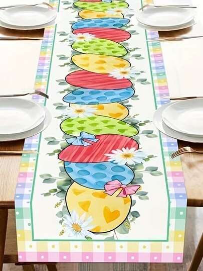 Easter Table Runner 1pc - Linen Material, Colorful Buffalo Plaid & Daisy Design, Pastel Eggs & Floral Accents, 13x35.4/47.2/63/72/78.7 Inchs, Spring & Summer Decor, Pastel Decor | Linen Texture