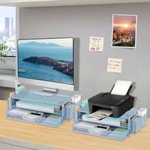 Soporte para monitor de computadora con organizador de escritorio de 2 niveles, incluye cajones y 2 porta lápices, accesorio funcional para suministros de oficina-003 - Azul - Ver 5