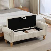 51.5" Storage Bench For Bedroom End Of Bed, Mid-Century Upholstered Ottoman With Storage & Rolled Arms, Corduroy Bedroom Bench Storage Chest Footrest,  Padded Window Seat Shoe Cabinet Stool Furniture For Bedroom, Entryway, Bedroom Essentials Home Decor, White - Vải nhung kẻ trắng - Xem 6