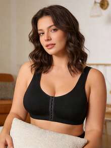 Plus Size Women's Minimalist Solid Color Wireless Shaping Lift Prevent Overflow & Sagging Bra - Black - View 3