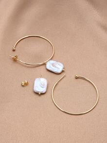 1 Pair 18K Gold Plated Natural Freshwater Pearl Large Hoop Earrings, Gift For Mother's Day, Valentine's Day, Birthday, Wedding, Engagement, Bride - White - View 3