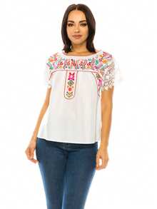 Women Traditional Bohemian Embroidered Blouse With Lace Sleeves - 白色 - 查看 1