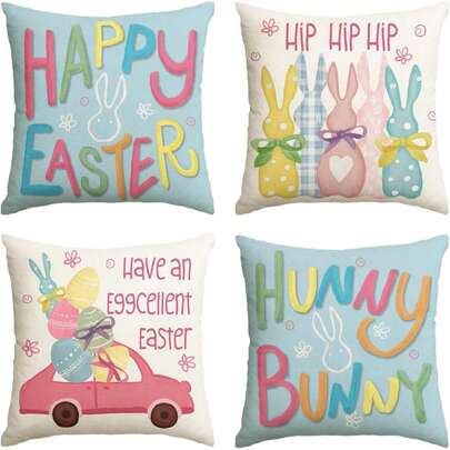 4PCS Happy Easter Dear Bunny Bow Car Butt Blue Pillowcase, Wishing You A Joyful Easter With Colorful Eggs, Polka Dot Cushion Cover For Sofa Decoration, Single-Sided, Pillow Not Included