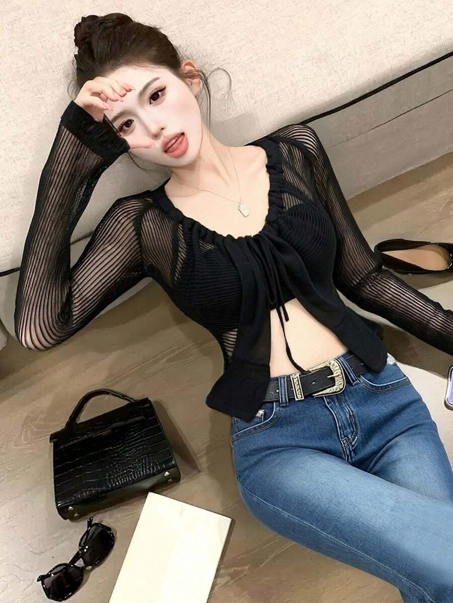 Sexy Black Hollow Out Knit Cover Up Shrug For Women - Black - View 1