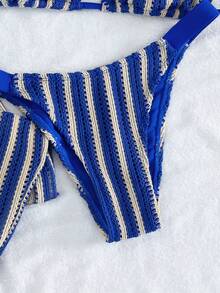 三件套性感条纹针织比基尼套装 - 三角比基尼上衣 + 低腰比基尼泳裤 + 可调节绑带阔腿裤 | 复古沙滩度假泳装 - 藍色 - 查看 7