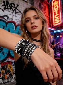 Yanxyad 1/4件套朋克风铆钉装饰手链套装，80年代另类朋克复古手链配饰，复古星形珠子Y2K PU皮革手镯，男女通用 - 黑色 - 查看 5