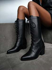 Women's Easter Leather Black Mid Calf Boots Lace Up Chunky Heel Vintage Combat Heeled Dress Casual Boots Country Concert Combat Boots For Women - 黑色 - 查看 6