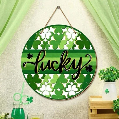 St. Patrick's Day Lucky Clover Front Door Sign, Shamrock Wood Door Hanger Outdoor Outside Porch Decor, Irish Wooden Wreath Indoor Wall Hanging Decoration Suitable For Spring Decorations, St. Patrick's Day Party Ornament