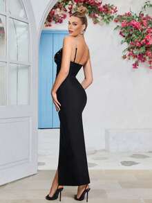 Bandage Dress V Neck  Bodycon Party Midi Club Dresses - Black - View 2