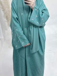 Moon Embroidered Abaya, Middle Eastern Arabic Muslim Robe - Light Blue - View 1