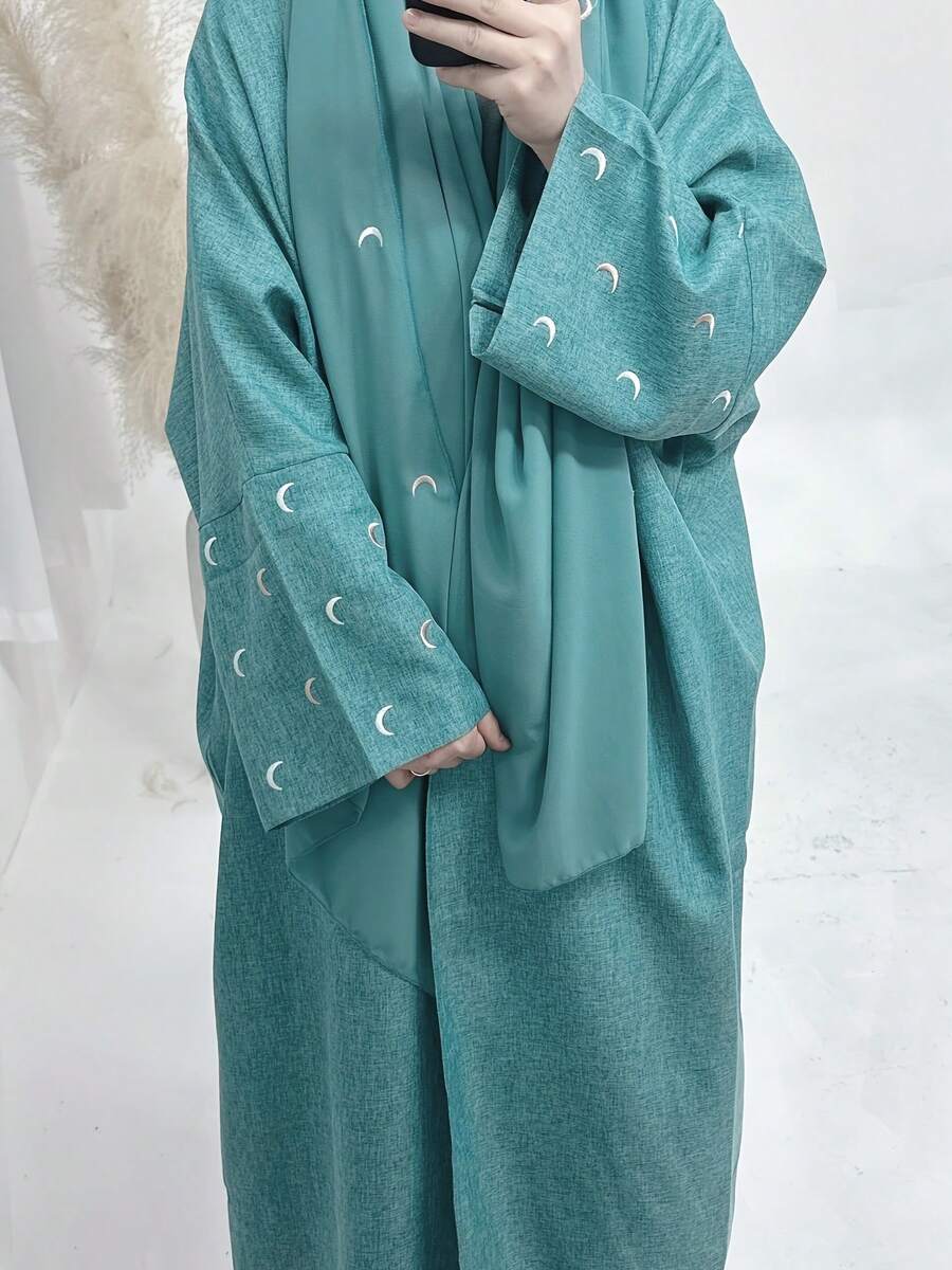 Moon Embroidered Abaya, Middle Eastern Arabic Muslim Robe - Light Blue - View 1