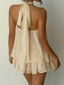 Women's Halter Neck Ruffle Mini Dress Sleeveless Backless Evening Party Cocktail Guest Dresses Clubwear - Màu be - Xem 4