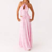 Y2k Ruffle Long Skirt Sets For Women 2 Piece Outfits Summer Ruched Backless Cami Top Matching Boho Maxi Skirt Set - Pink-a - View 3