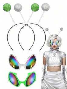 高级4件套外星人角色扮演配饰套装：天线头箍道具眼镜，节日装扮拍照道具 - 彩色 - 查看 7