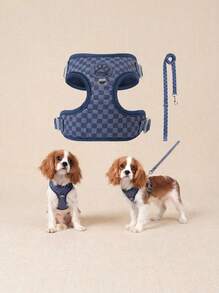 PETSIN Bộ dây dắt và dây dắt chó ca rô phong cách mùa xuân mới với lưới thoáng khí mềm mại, vòng tròn ở lưng giúp giữ ổn định, thiết kế chống trầy xước, vừa vặn có thể điều chỉnh cho chó nhỏ - Thời trang và thoải mái khi huấn luyện đi dạo hàng ngày. Dây kéo cùng màu được trang bị vòng túi đựng rác - Màu xanh hải quân - Xem 6