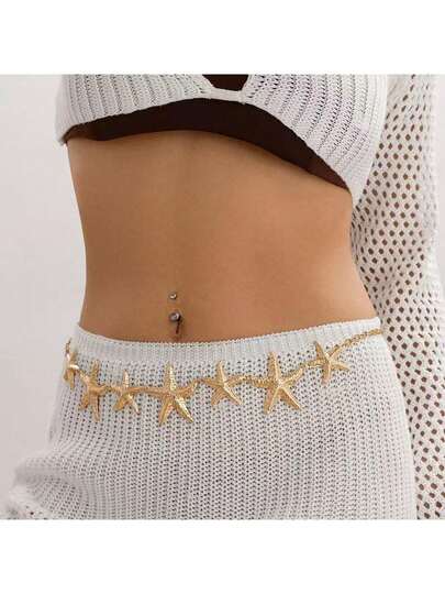 百搭仿珍珠海洋风身体链，海星花朵装饰腰链，锌合金波西米亚风裤链，适合春、夏、秋、冬四季佩戴