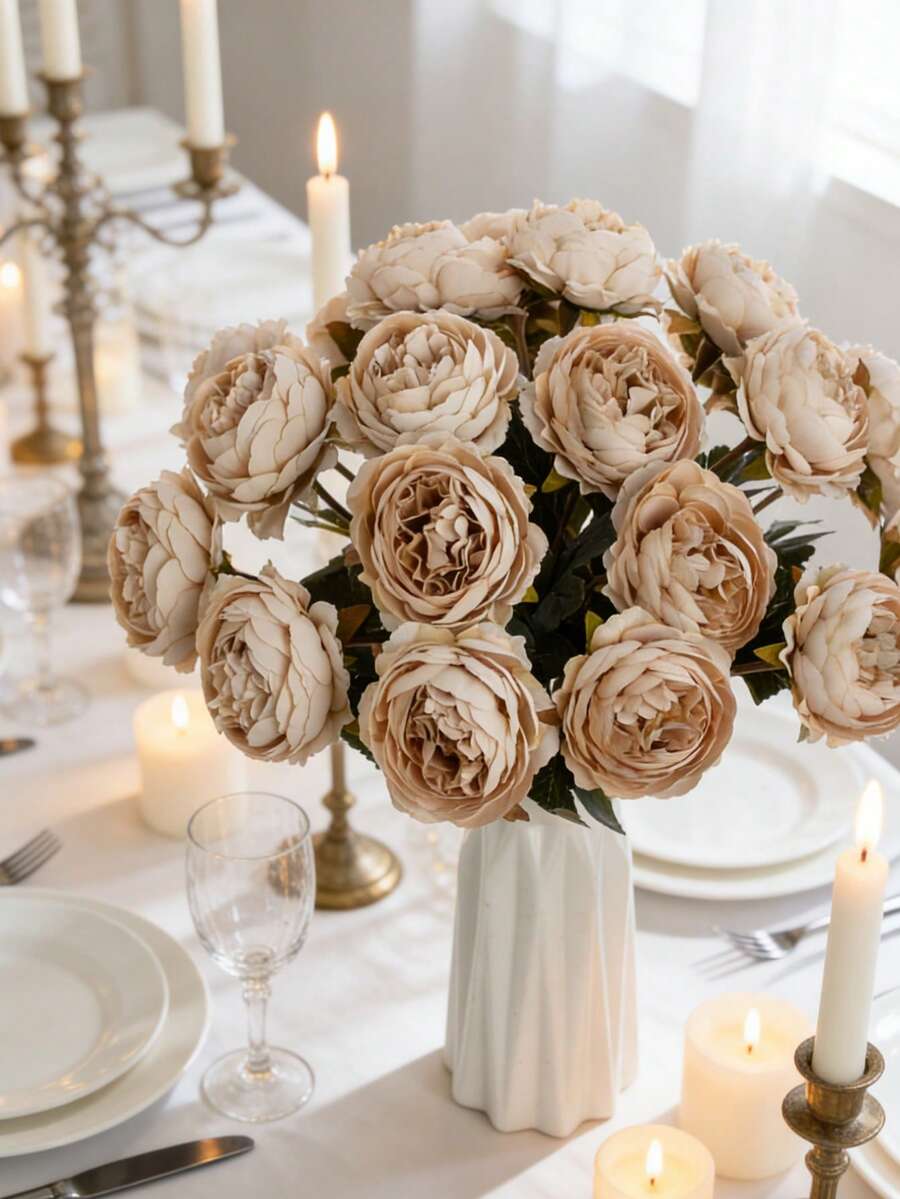 1/50 piezas Rosas artificiales realistas de 38 cm, flores de rosas falsas con tallos largos, flores de peonía rosa de Austin para decoración de cocina, fiesta y boda - marrón claro - Ver 1