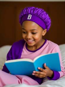 1 Pc A-Z Pearl Letter Hats Kids' Bonnet Hat Set Elastic Comfortable Headwear Sleeping Cap And Hairband Girls 3-8 Years Old - Purple - View 2